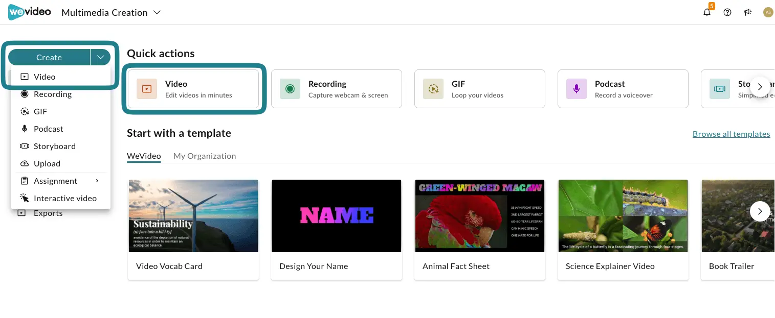 The create or video options on the home page to create a project with the full-featured editor.