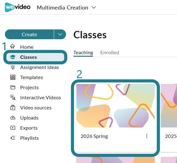 The classes page in the Multimedia Creation space