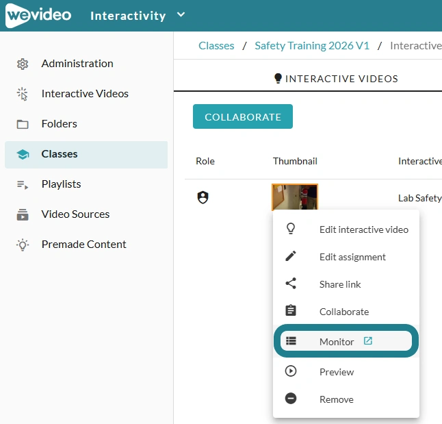 The monitor option in the action menu of the interactive video