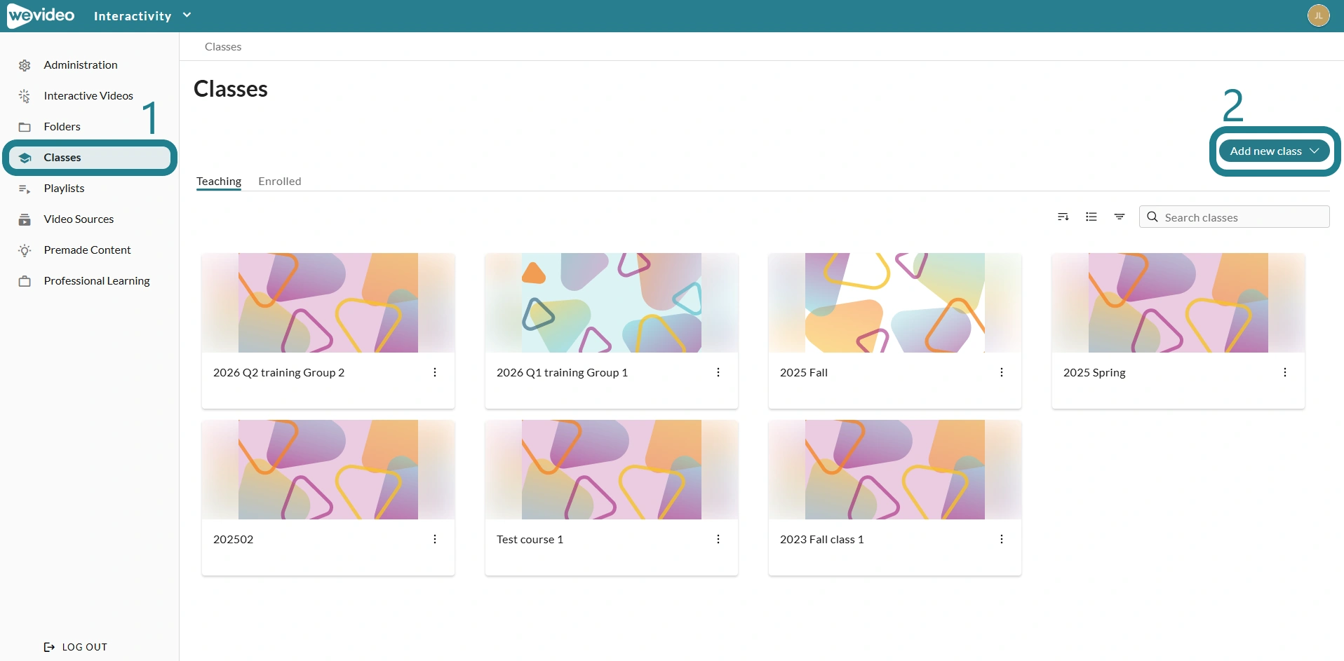 The classes page in the Interactivity space.