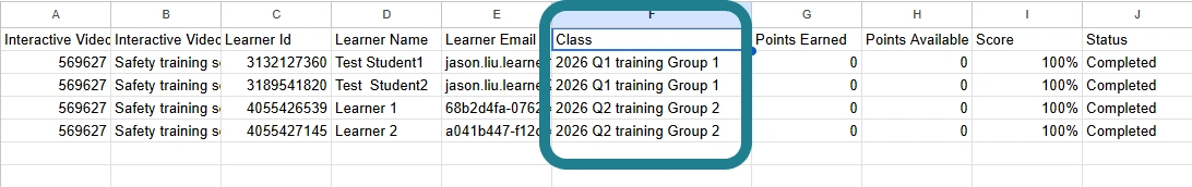 The class column in the exported CSV report