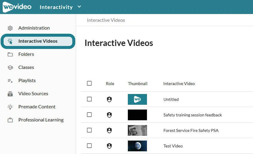 The interactive videos page in the Interactivity space