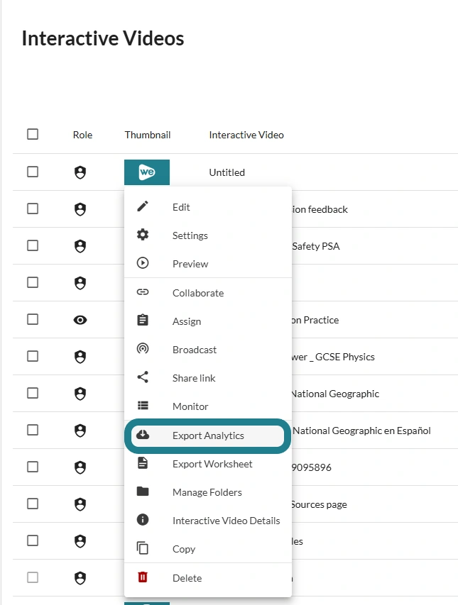 The export analytics option in the action menu of the interactive video