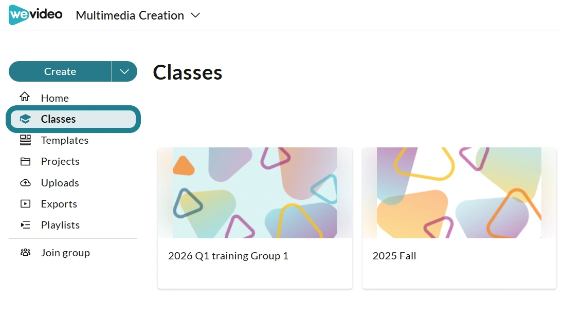 The classes page in the Multimedia Creation space