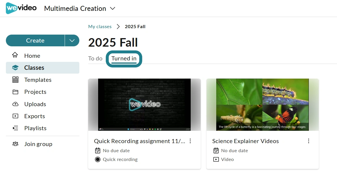 The turned in tab in the class in WeVideo