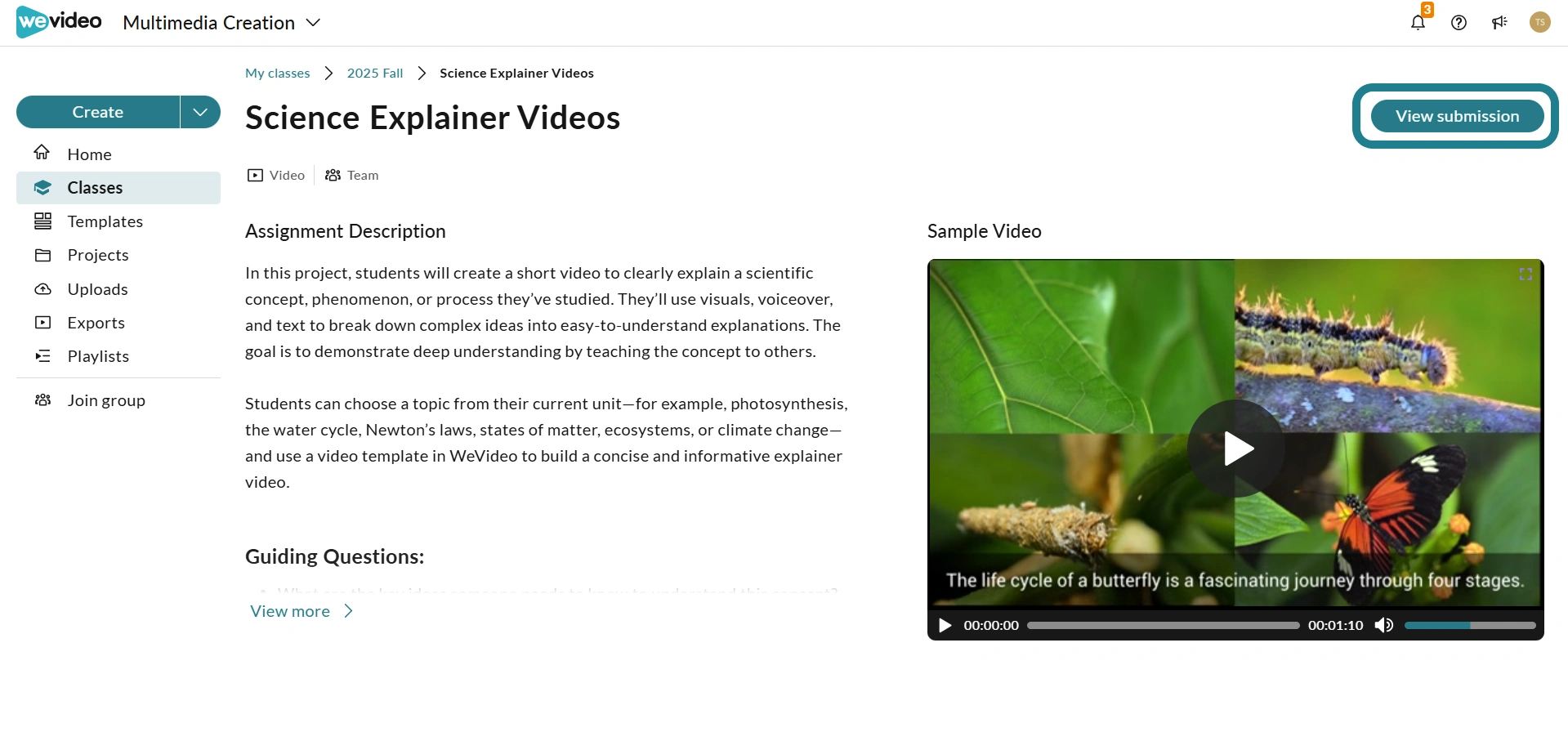 The assignment details page for the Multimedia Creation assignment