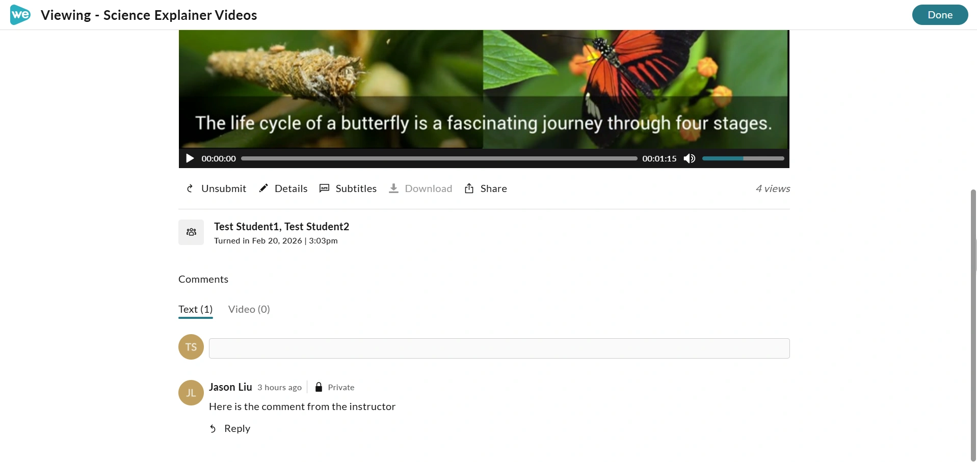The comment section for the submitted assignment