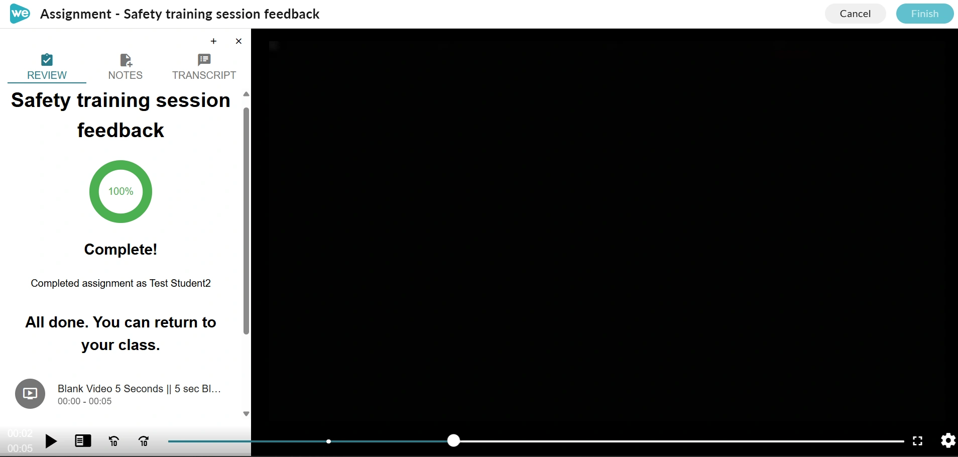 The confirmation window of the interactive video assignment.