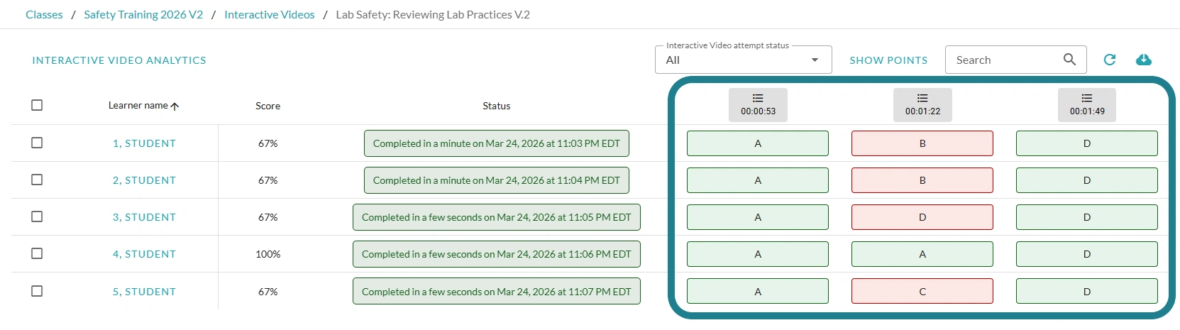 The learners' responses are displayed on the monitor page