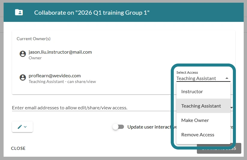 The role settings on the Collaborate window