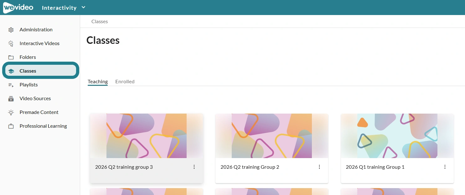 The classes page in the Interactivity space