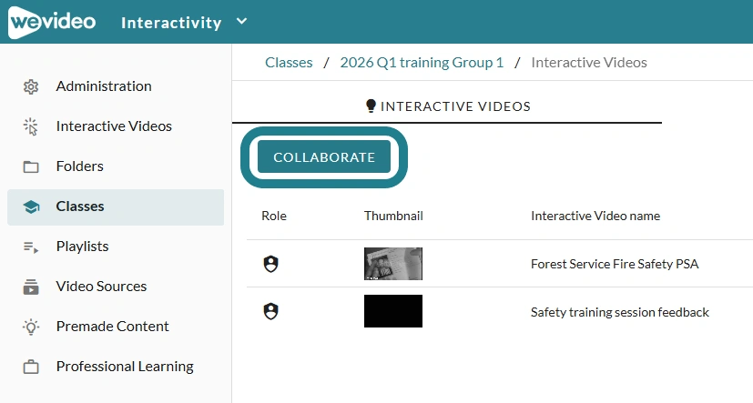 The collaborate button in the interactivity class
