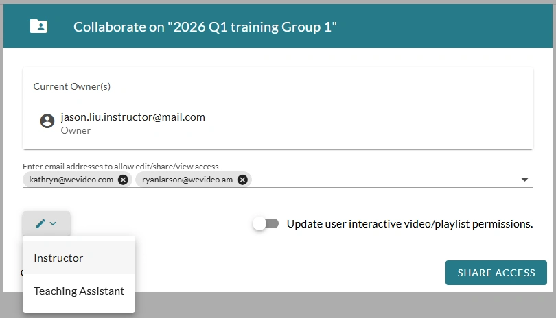 The collaboration window for adding collaborators to the class.