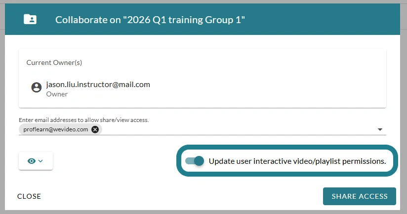 The update interactive videos/playlist permissions option on the collaborate window.