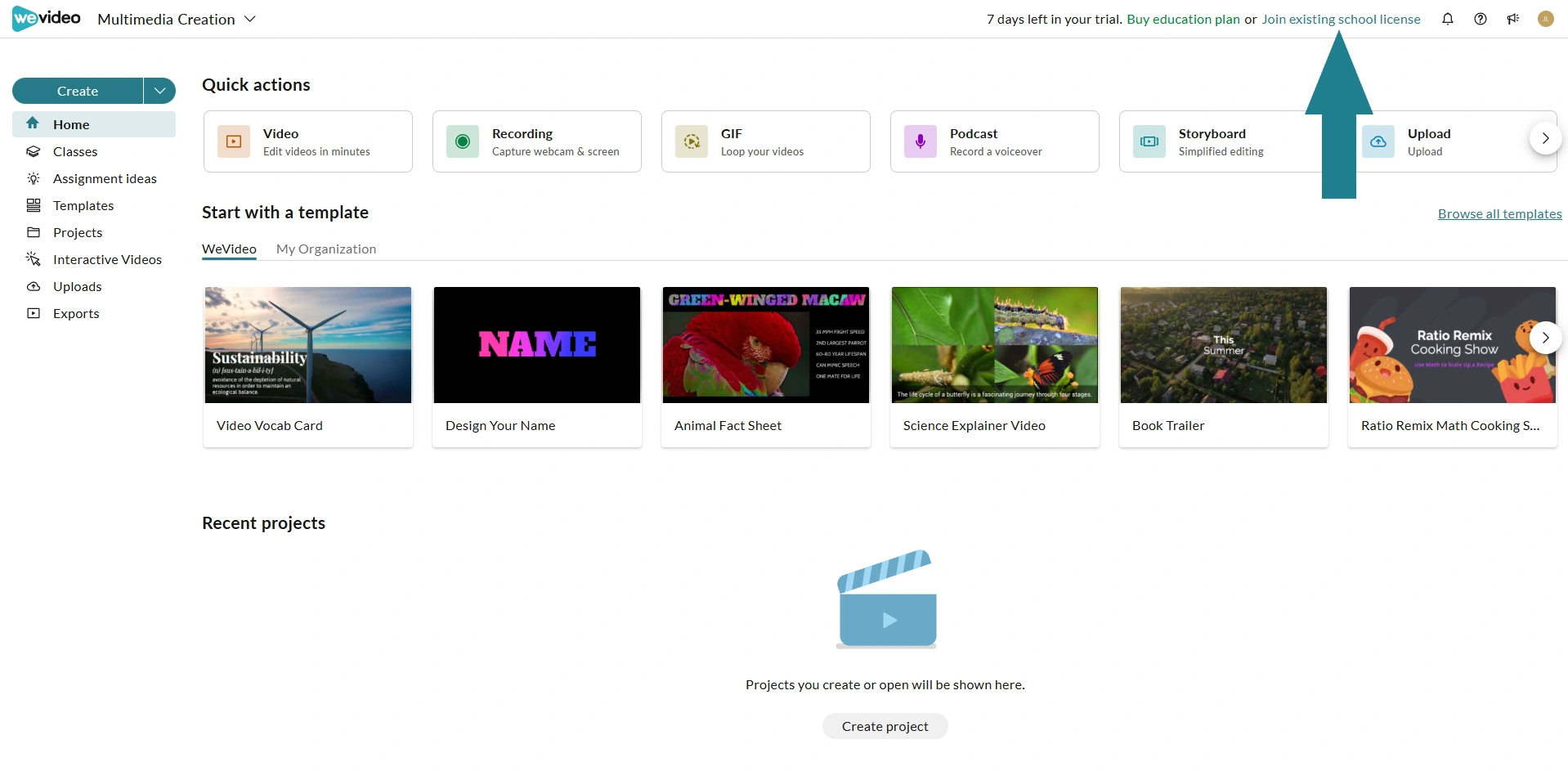 The join existing school license option at the top of the WeVideo homepage