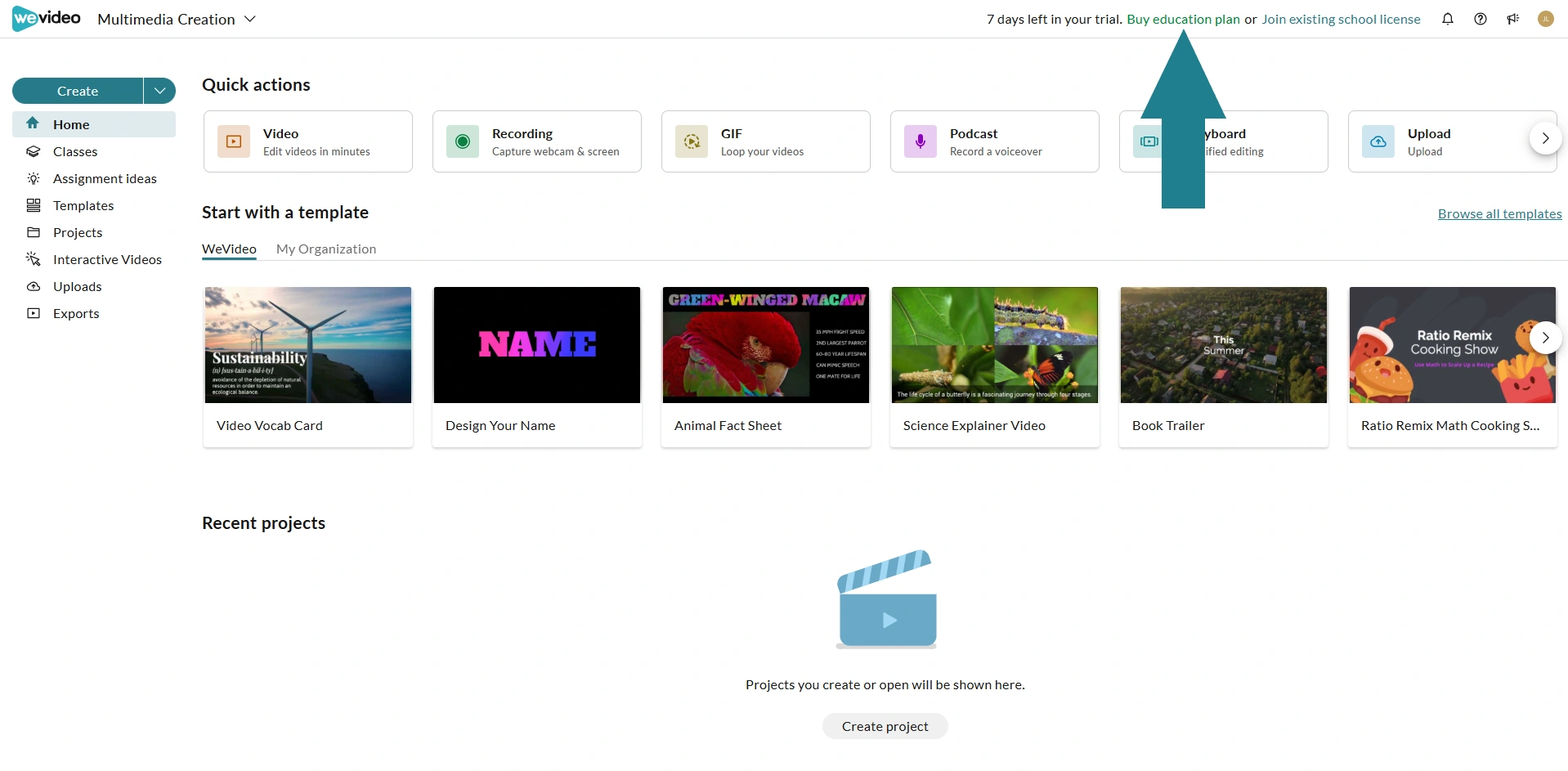 The buy education plan option at the top of the WeVideo home page