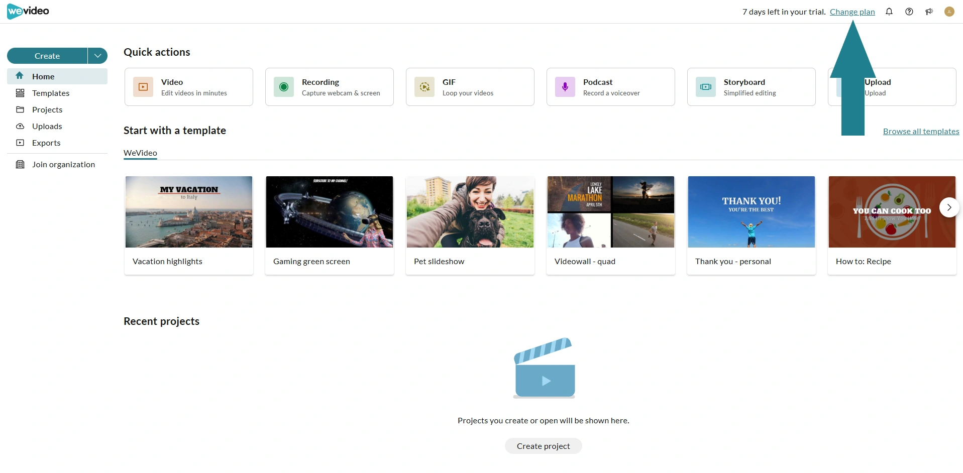 The change plan option at the top of the WeVideo home page