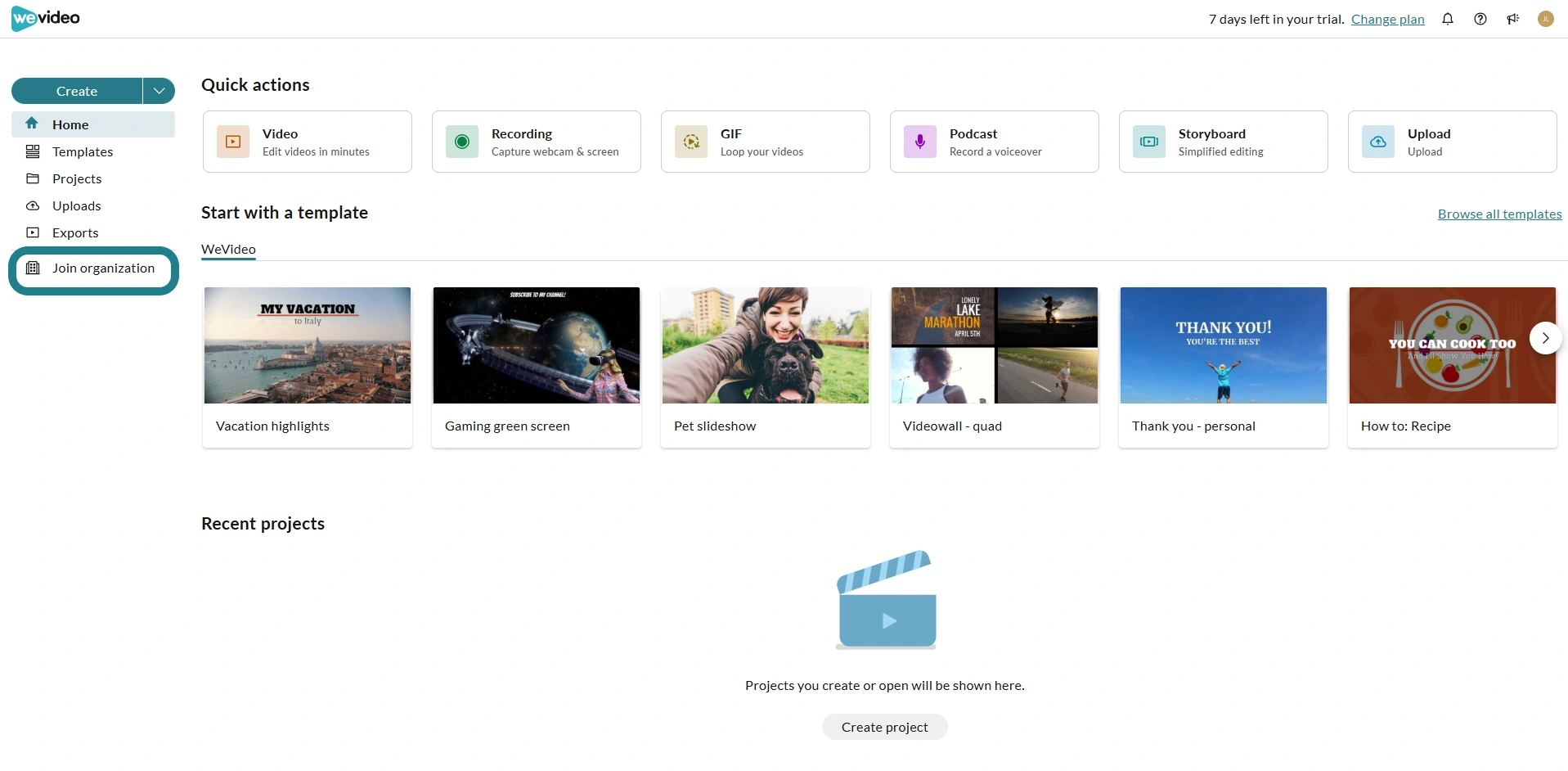 The Join Organization option in the sidebar menu of the WeVideo homepage