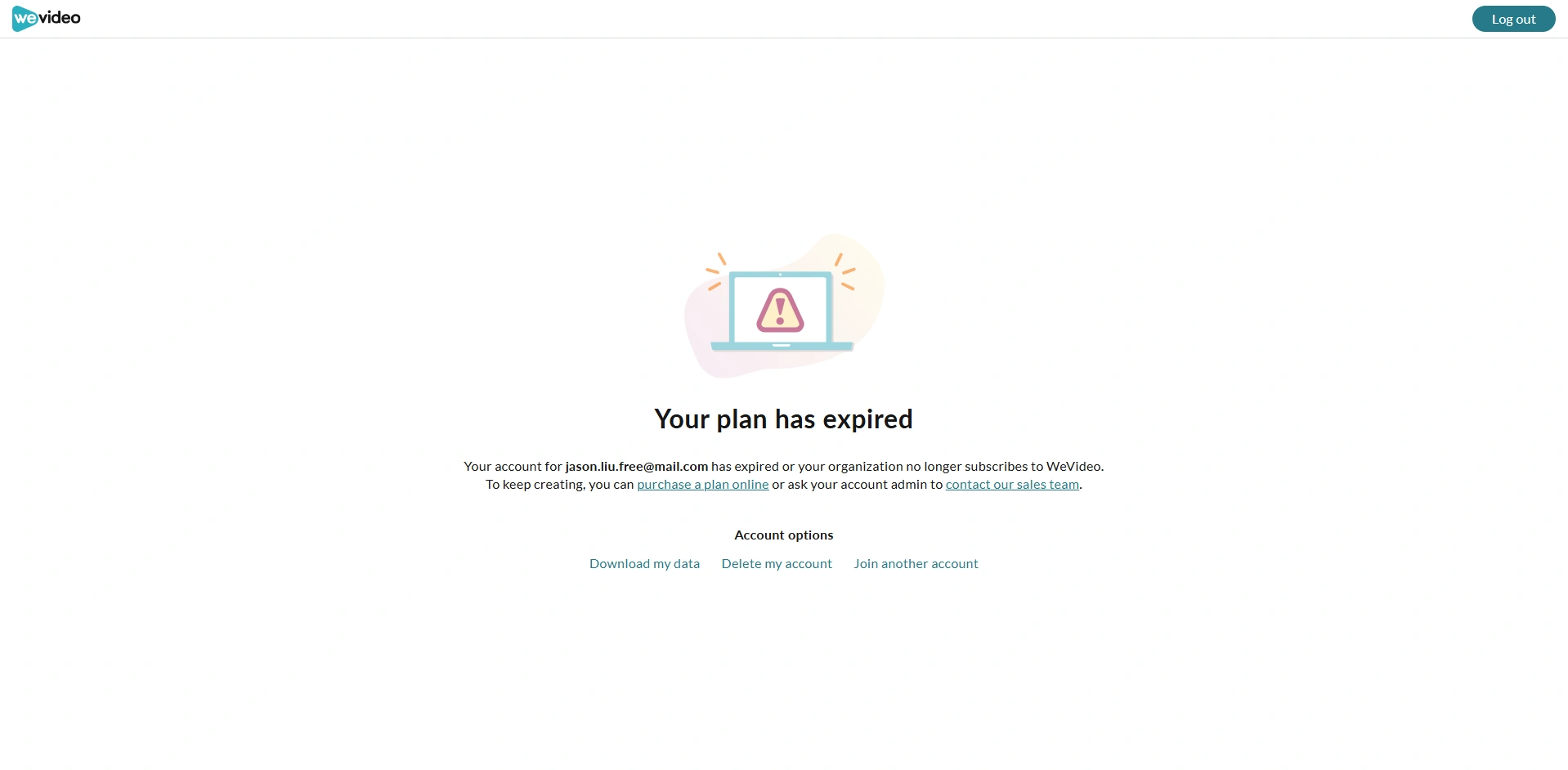 The plan expired page for the expired trial account.