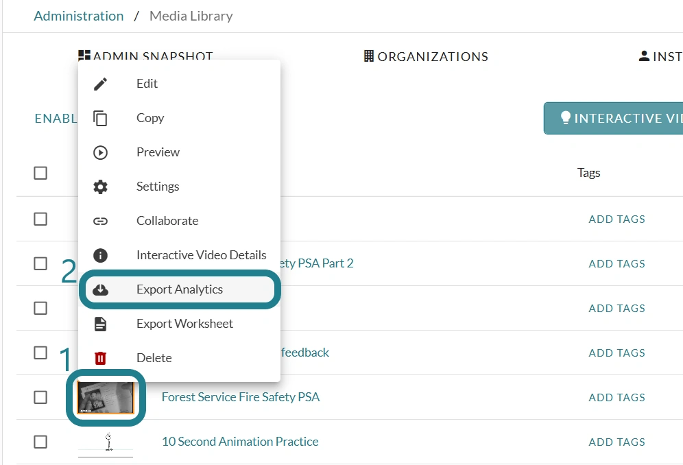 The export analytics option for the interactive video in the media library