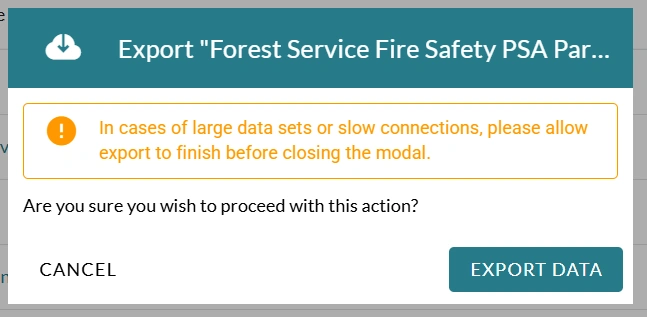 The confirmation window for exporting analytics for the interactive video.