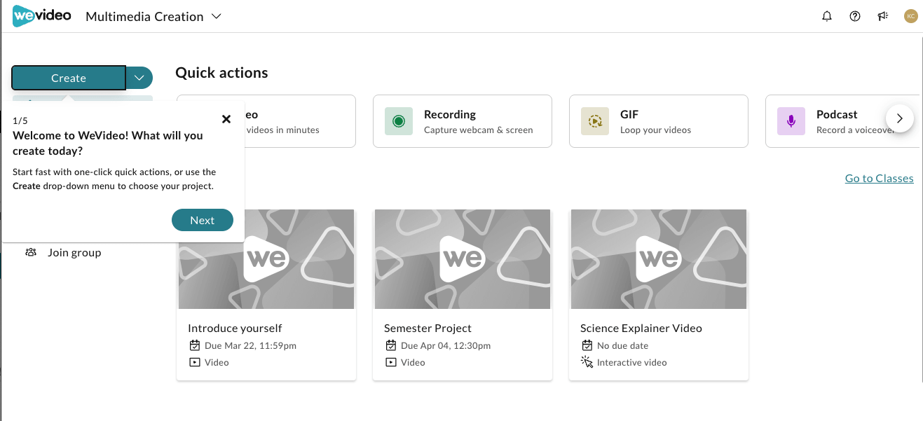 The WeVideo homepage for new learners
