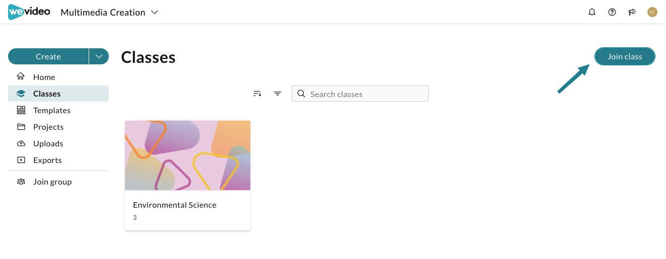 The join class option on the Classes page in the WeVideo Multimedia Creation space.