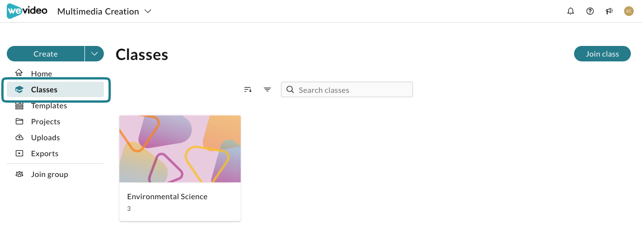 The classes page in the WeVideo Multimedia Creation space