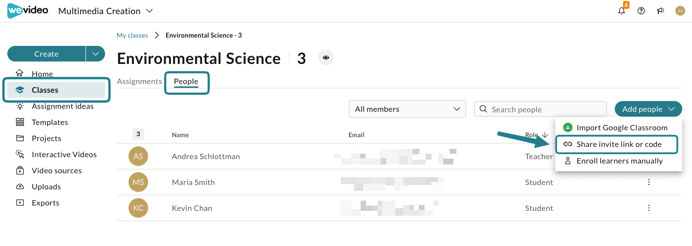The share invite link or code option under the Add People option in the class.