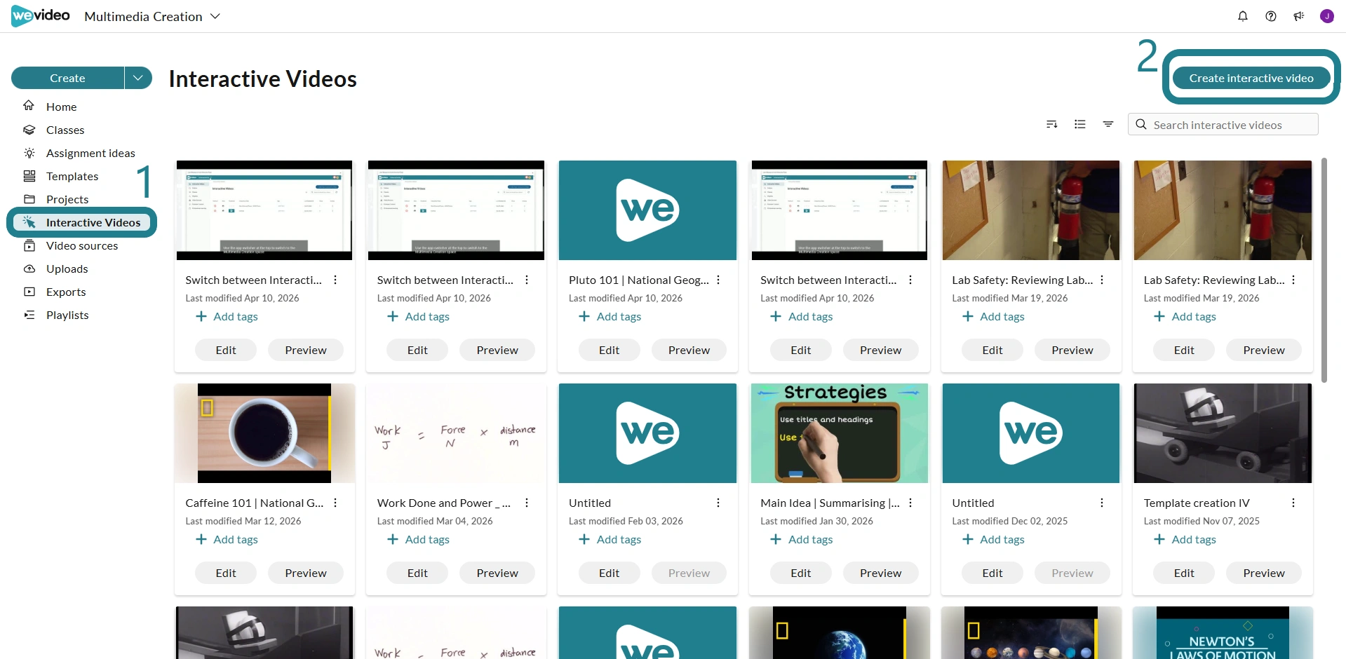 The interactive videos page in the Multimedia Creation space