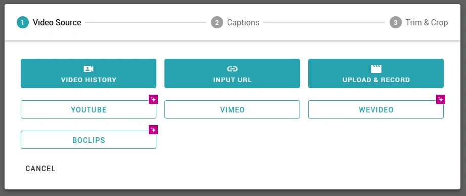 The video source options to build a new interactive video.