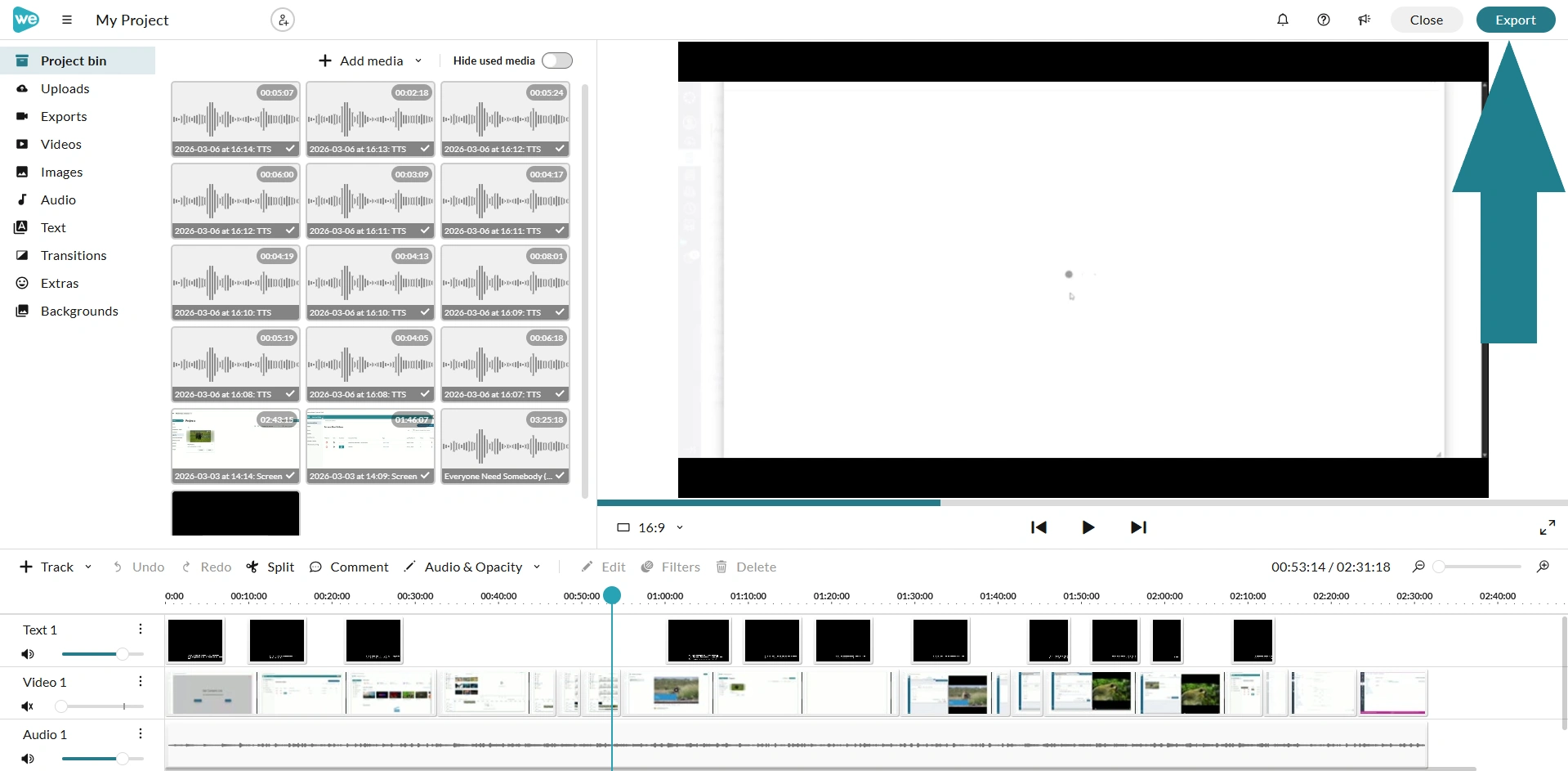 The export button in the wevideo editor.