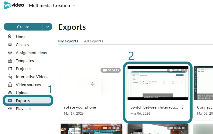 The exported project on the Exports page in the Multimedia Creation space