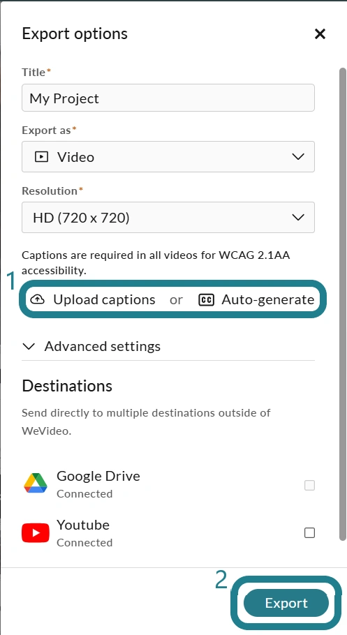 The export settings for the project
