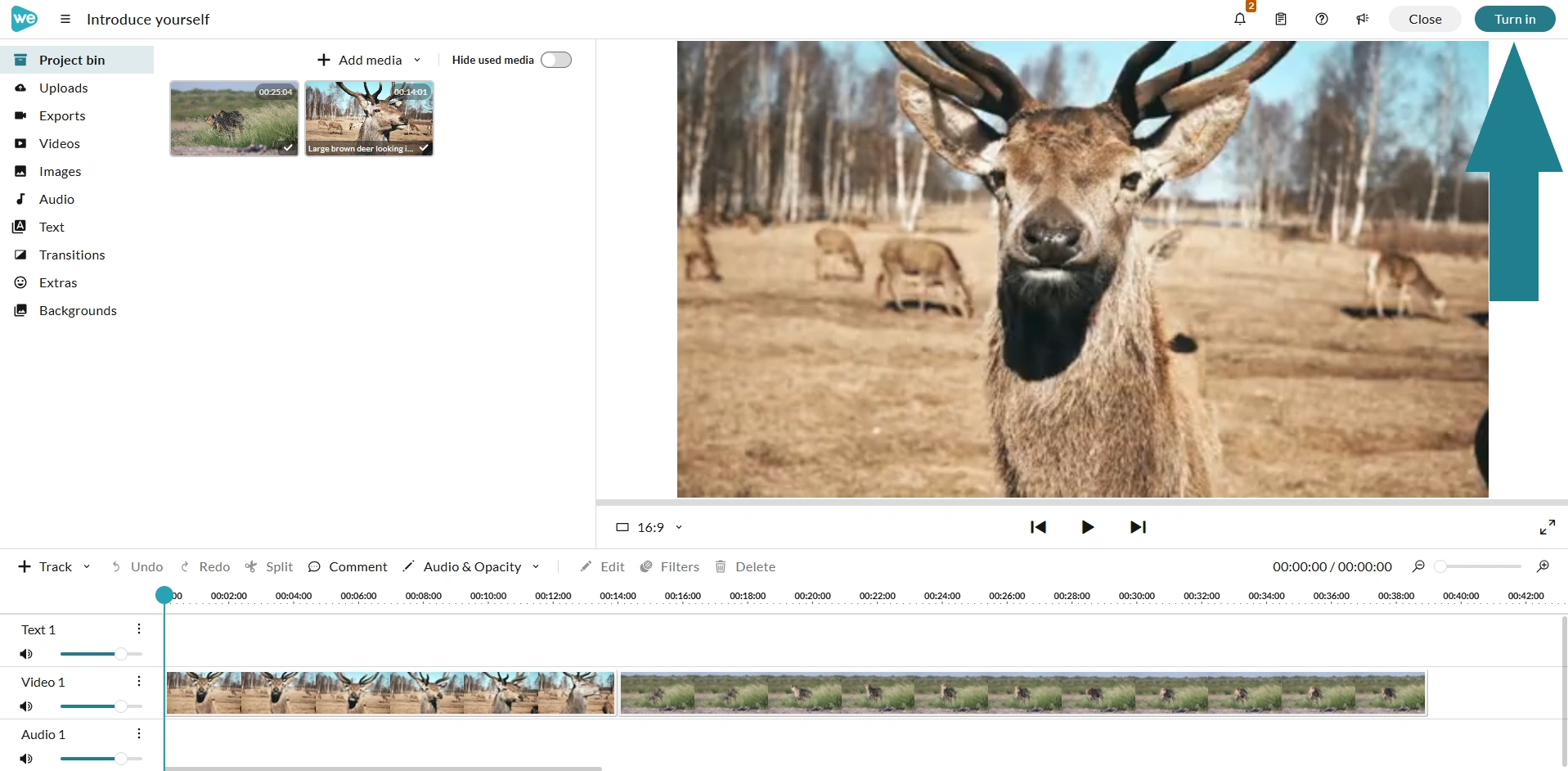 The turn in button in the video editor.