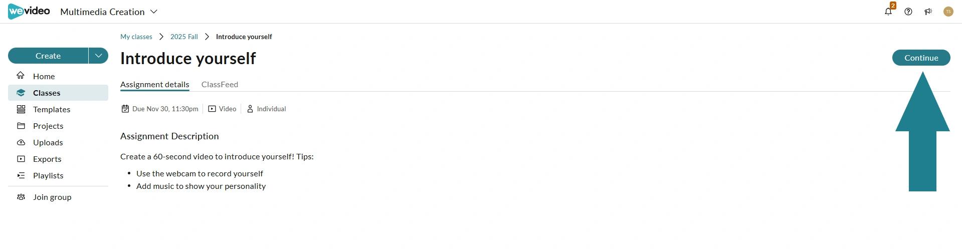 The continue button in the assignment