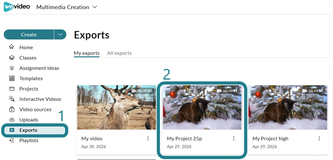 The exported projects on the Exports page.