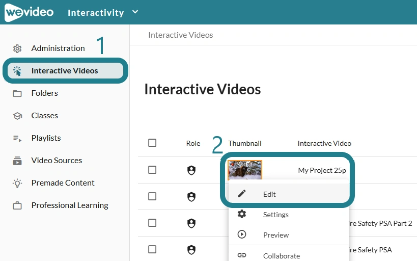 The interactive videos page in Interactivity