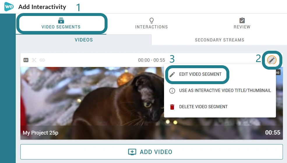The video segments tab in the interactive video editor.