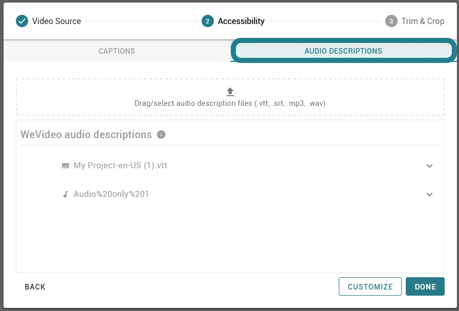 The audio description tab in the video segments editor.