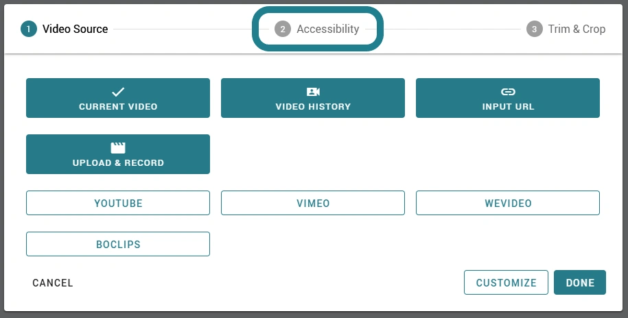 The accessibility tab is at the top of the video segment editor.