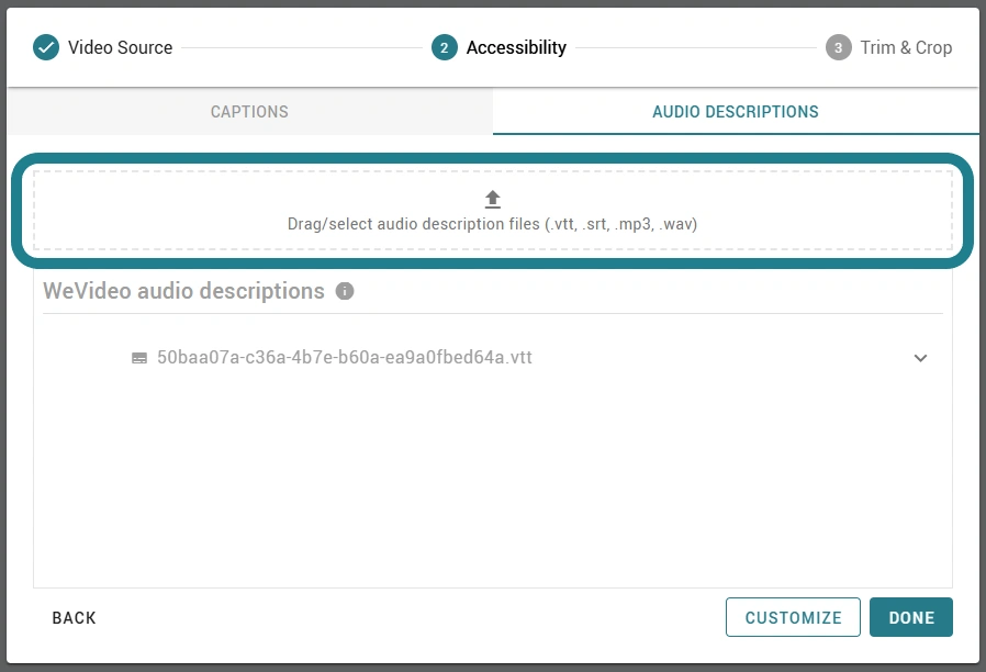 The upload audio description file section