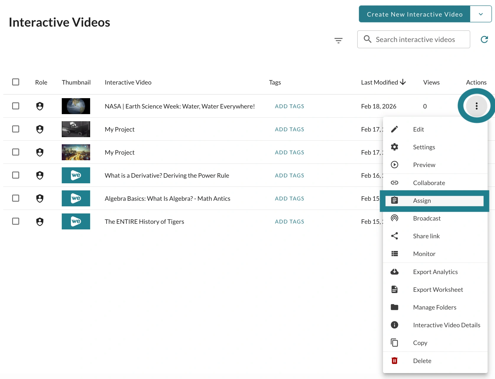 Assigning an interactive video to learners in WeVideo. 