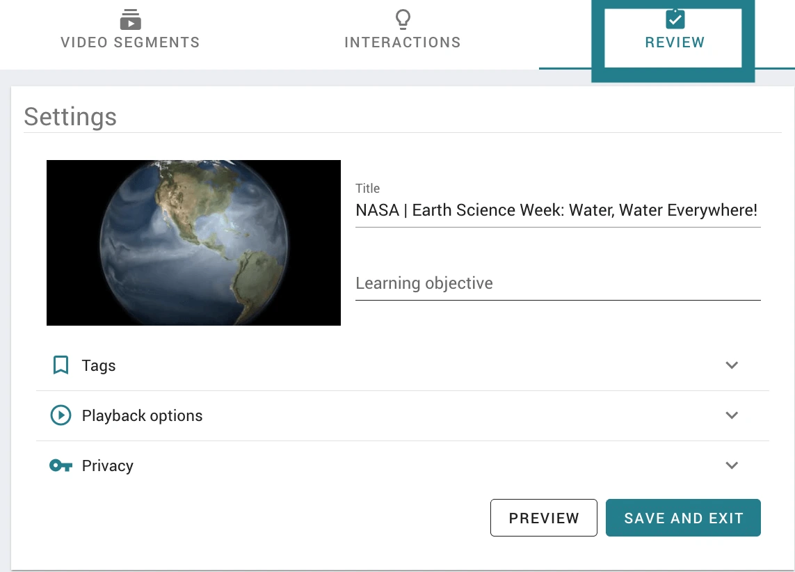 Final Review screen for an interactive video made in WeVideo. 