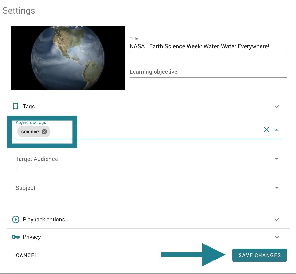 Tagging an interactive video in WeVideo. 
