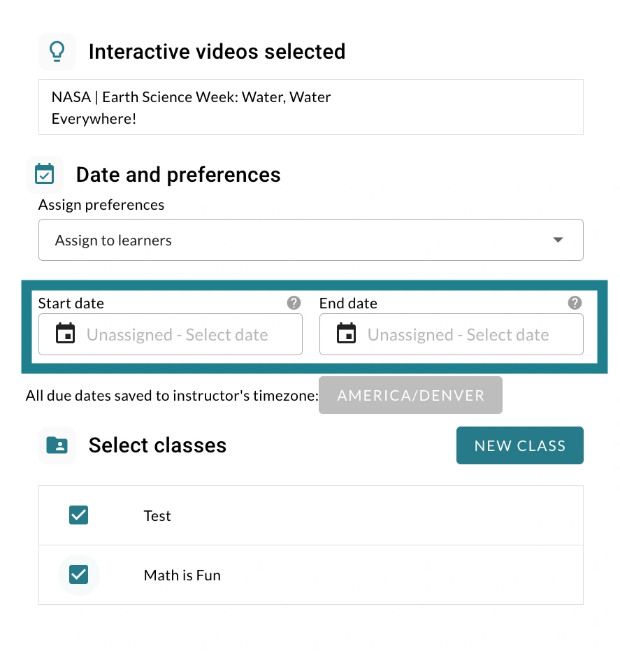 Selecting start and end dates for an interactive video assignment in WeVideo. 