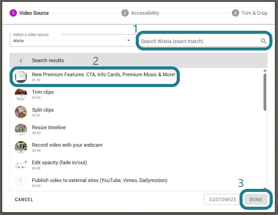 Searching for a video in Wistia directly from WeVideo. 