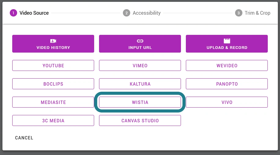 The Wistia option in the video source list