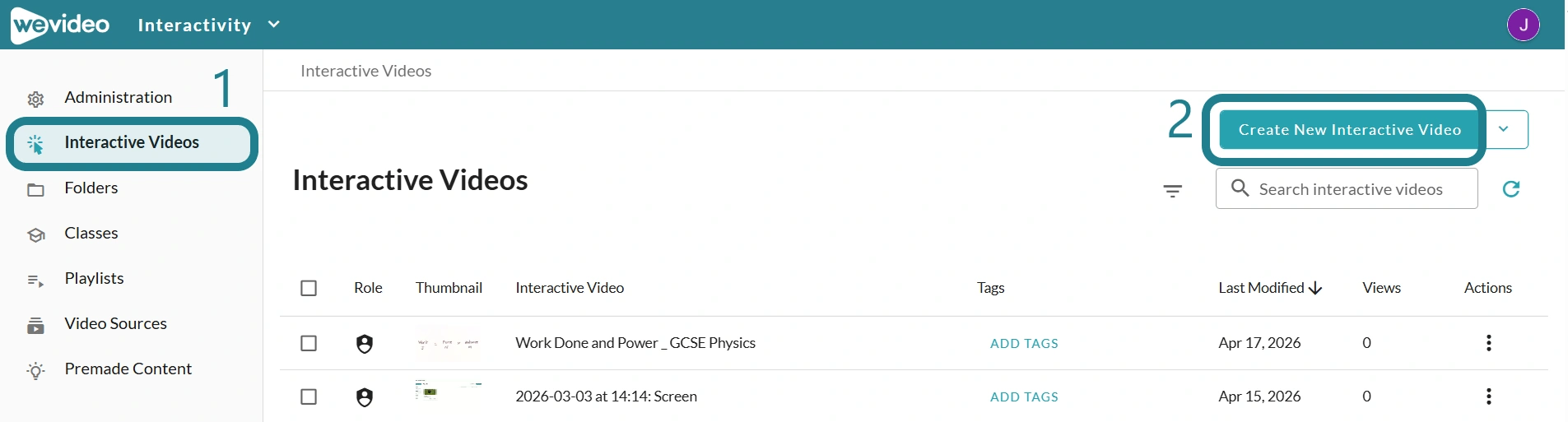 The interactive videos page in the Interactivity space