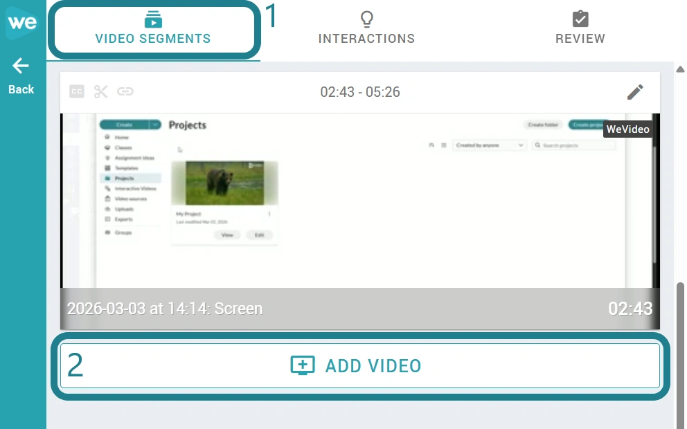 The video segments tab in the interactive video editor.